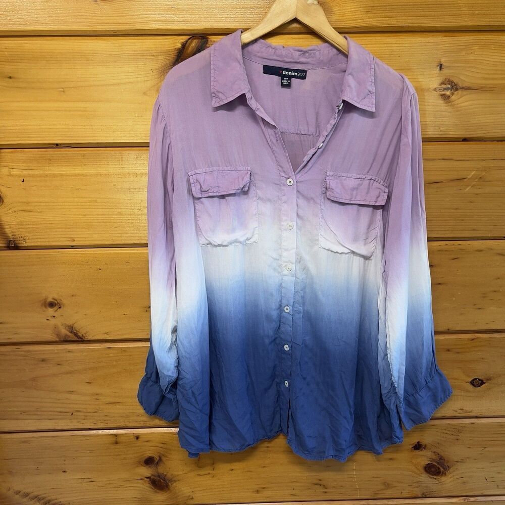 Denim 24/7 Womens Top 22W Ombre Lightweight Pockets Long Sleeve Purple Blue
